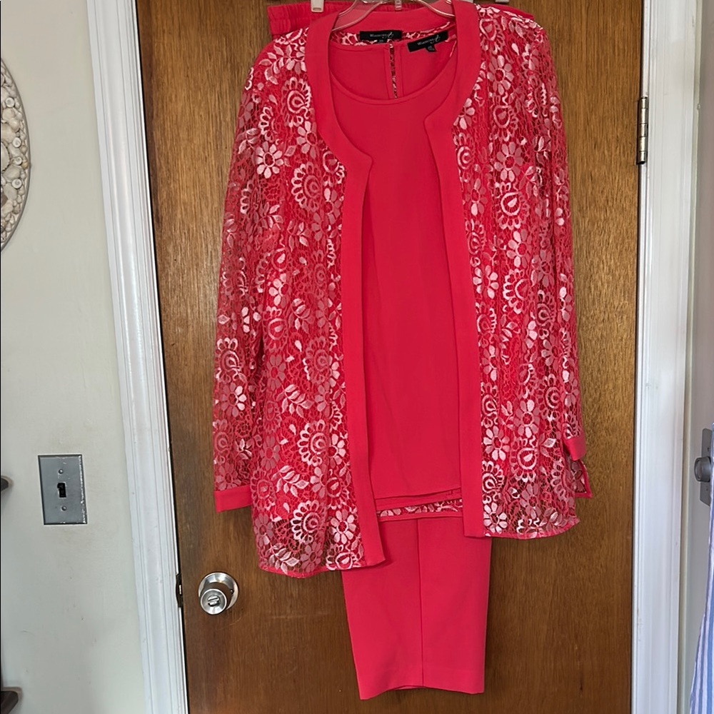 Vibrant Coral Lace Overlay 3 Piece Pant Set